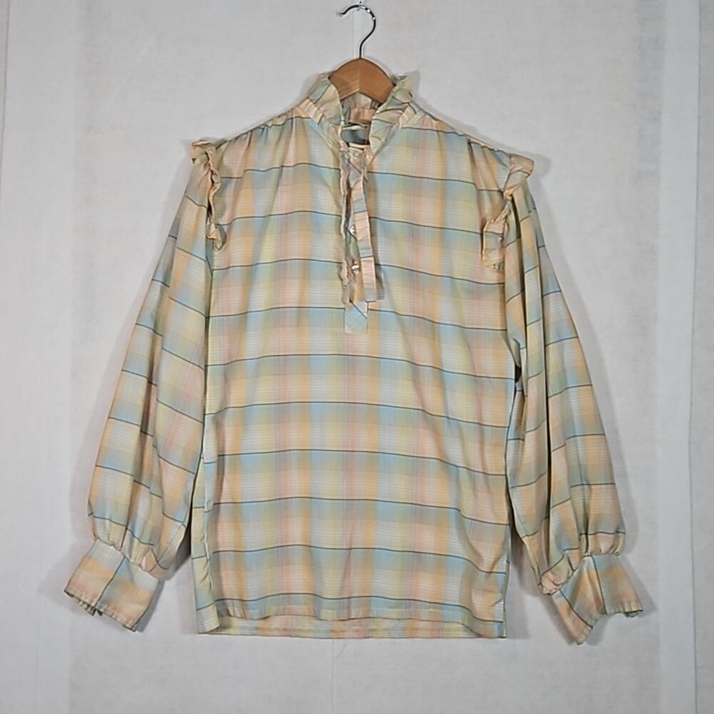 Vintage 70s Ruffled Pastel Plaid Blouse Small Peach Blue Yellow Boho Retro